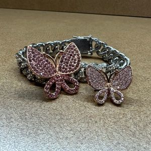 Silver & Pink Butterfly Cuban Link Inspired Bracelet